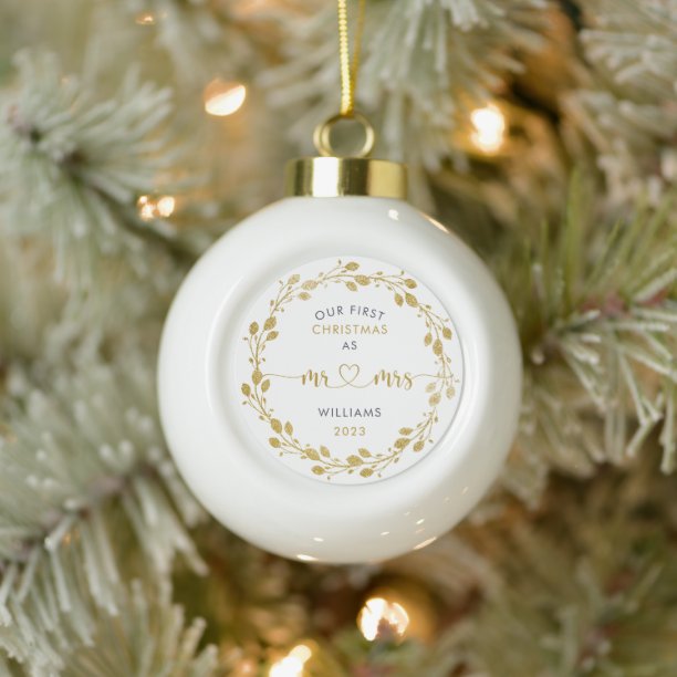 First Christmas as Husband and Wife Gold Wreath Ceramic Ball Christmas Ornament