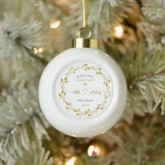 First Christmas as Husband and Wife Gold Wreath Ceramic Ball Christmas Ornament