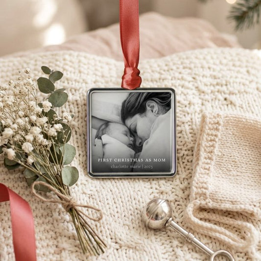First Christmas As Mom Elegant Photo Metal Ornament