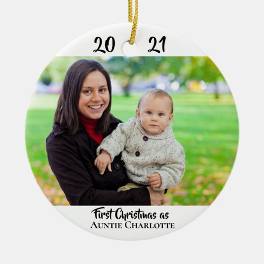 First Christmas Aunt 2 Photo 2 Sided Modern Script Ceramic Ornament