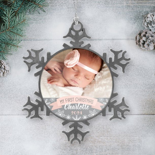 First Christmas Blush Pink Baby Girl Photo Snowflake Pewter Christmas Ornament