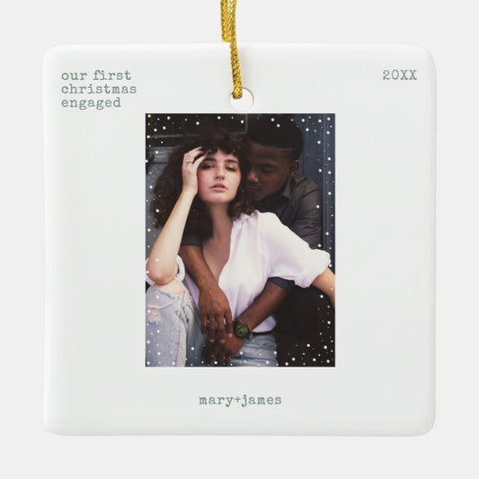 First Christmas Engaged Minimal Typewriter Photo Ceramic Ornament