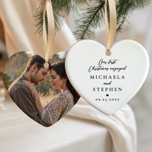 First Christmas Engaged Minimalist Photo Heart Ceramic Ornament