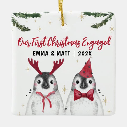 First Christmas Engaged or married funny penguins Ceramic Ornament