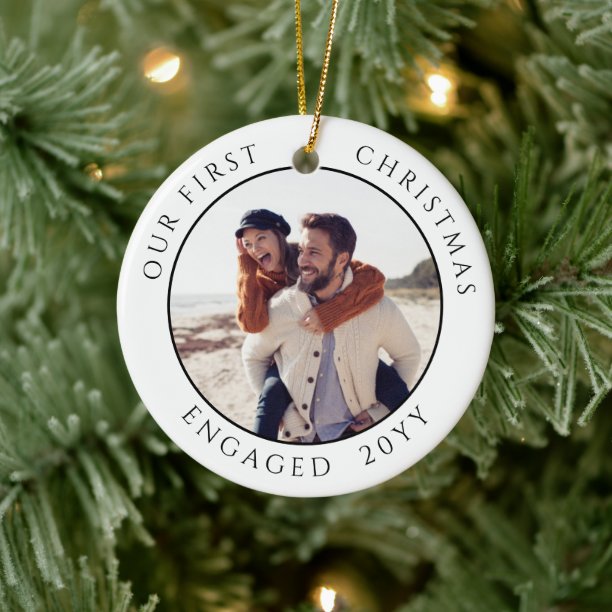 First Christmas Engaged Photo Keepsake Ceramic Ornament