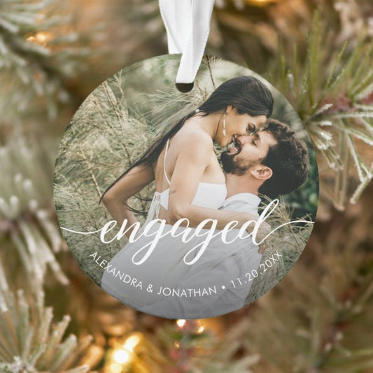 First Christmas Engaged White overlay Custom Photo Ornament
