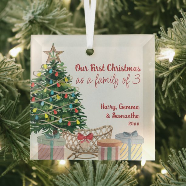 First Christmas Family of 3 Christmas Tree Crib Gl Glass Ornament