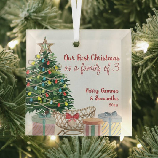 First Christmas Family of 3 Christmas Tree Crib Gl Glass Ornament