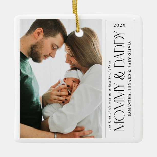 First Christmas Family of Three Mommy Daddy Photo Ceramic Ornament