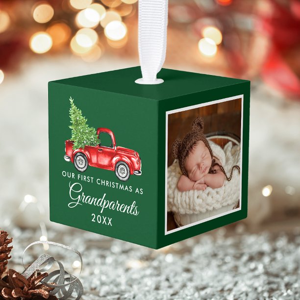 First Christmas Grandparents Vintage Truck Photo Cube Ornament