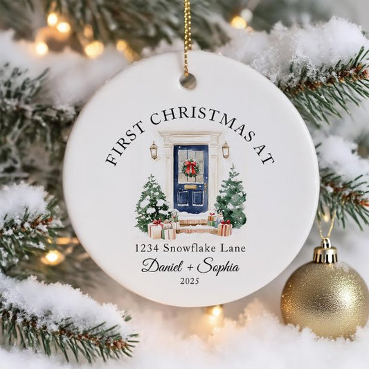 First Christmas In New Home Watercolor Blue Door Ceramic Ornament