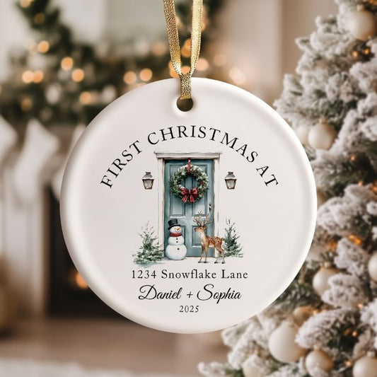 First Christmas In New Home Watercolor Green Door Ceramic Ornament