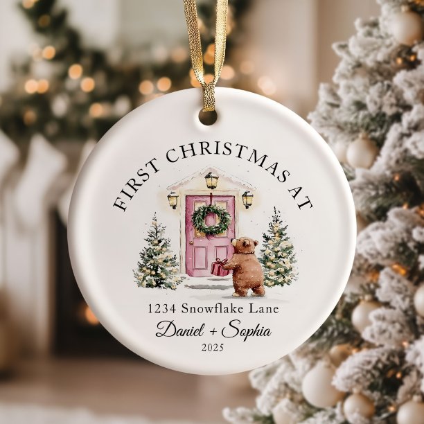First Christmas In New Home Watercolor Pink Door Ceramic Ornament