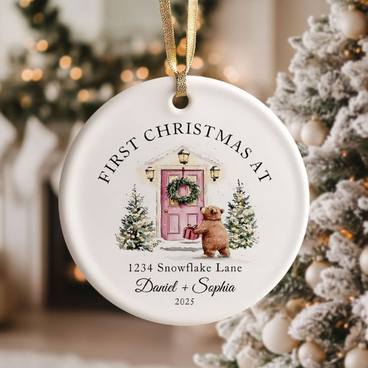 First Christmas In New Home Watercolor Pink Door Ceramic Ornament