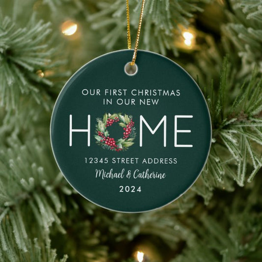 First Christmas in our New Home Greenery Wreath Ceramic Ornament