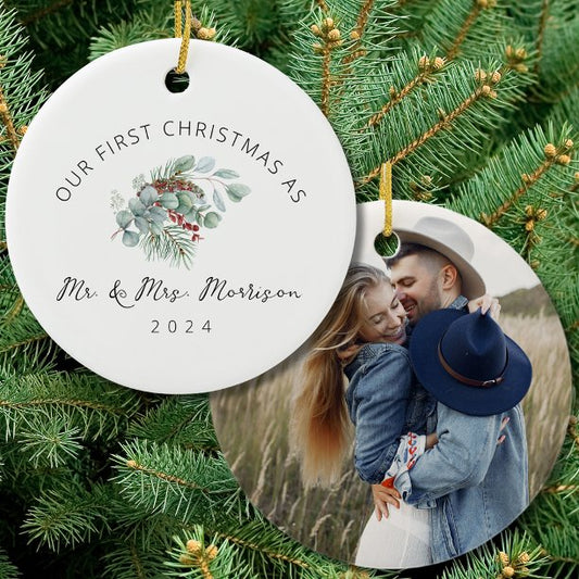 First Christmas Married as Mr. & Mrs. Photo Ceramic Ornament