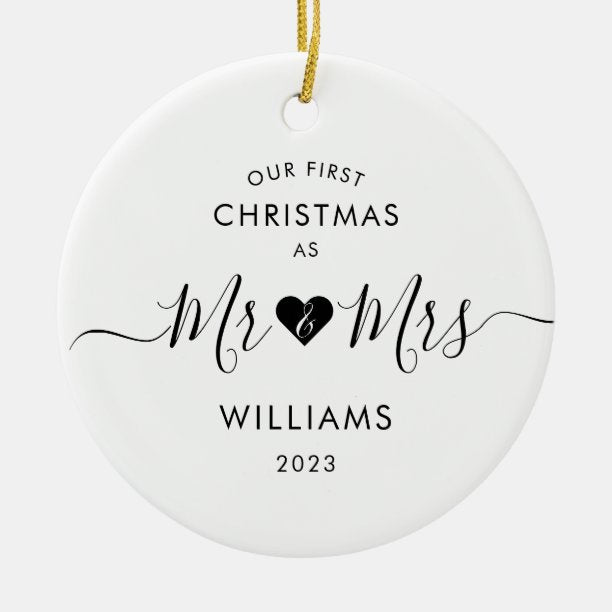 First Christmas Married Minimal Mr and Mrs Photo Ceramic Ornament