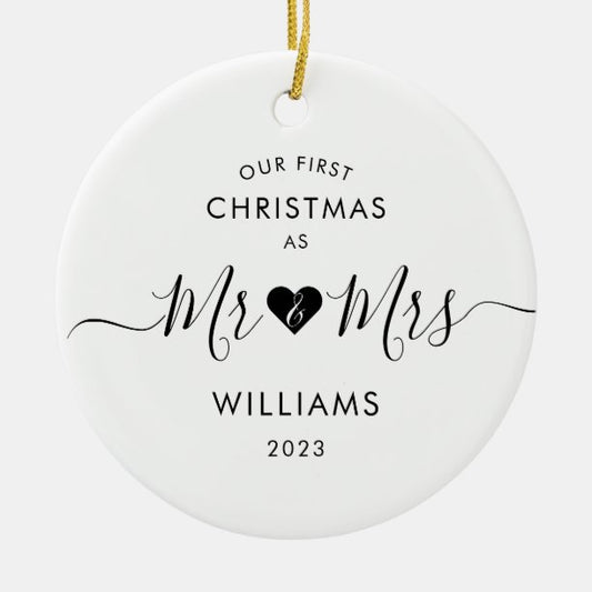 First Christmas Married Minimal Mr and Mrs Photo Ceramic Ornament