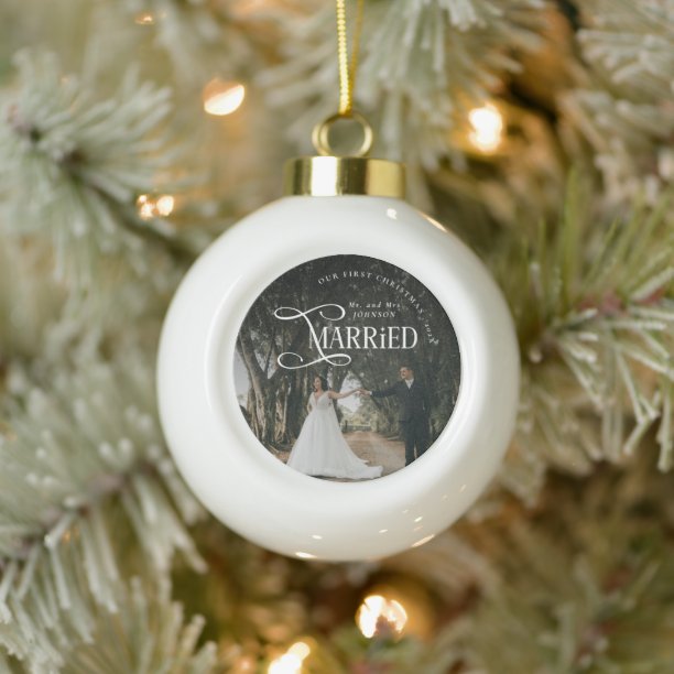 First Christmas Married Mr & Mrs Couples Photo Ceramic Ball Christmas Ornament