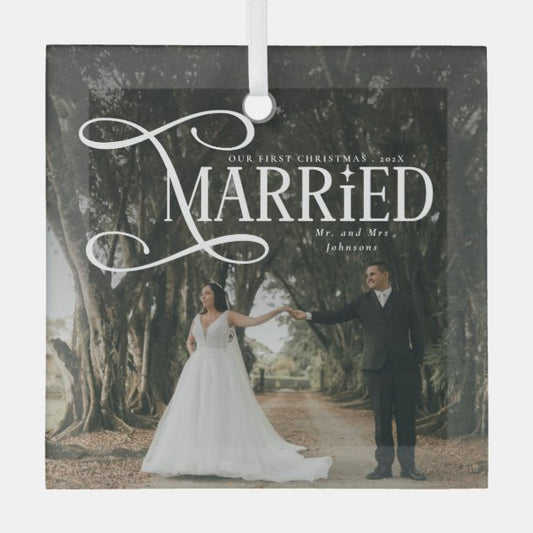 First Christmas Married Mr & Mrs Couples Photo Glass Ornament