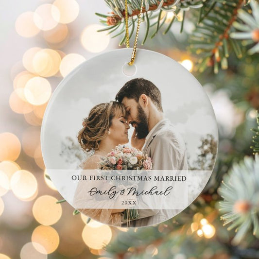 First Christmas Married Newlywed Photo Ceramic Ornament