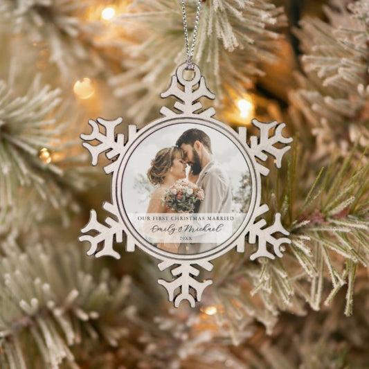 First Christmas Married Newlywed Photo Snowflake Pewter Christmas Ornament