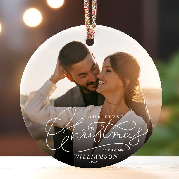 First Christmas Mr and Mrs Newlyweds Wedding Photo Ceramic Ornament