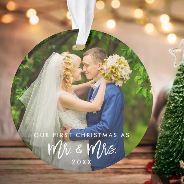 First Christmas Mr. & Mrs. Photo Brush Script Ornament