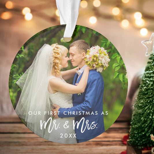 First Christmas Mr. & Mrs. Photo Brush Script Ornament