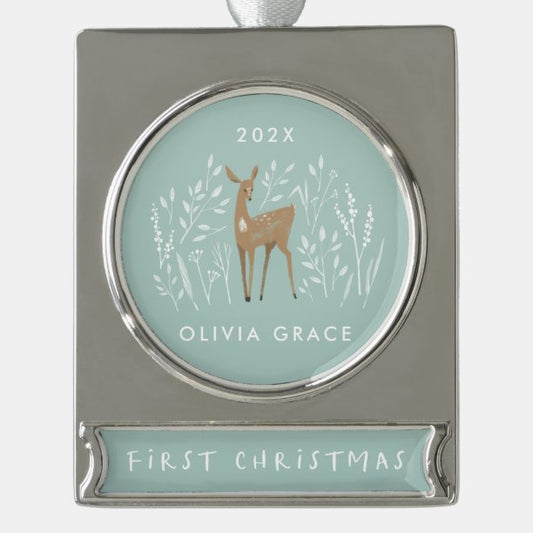 First Christmas natural reindeers delicate floral Silver Plated Banner Ornament