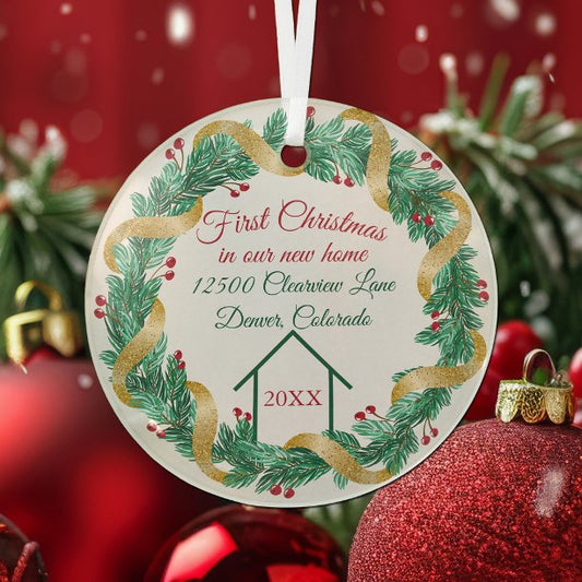 First Christmas New Home Elegant Personalized Year Glass Ornament