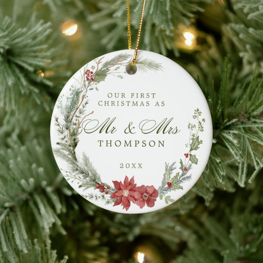 First Christmas Newlyweds Classic Wreath Ceramic Ornament