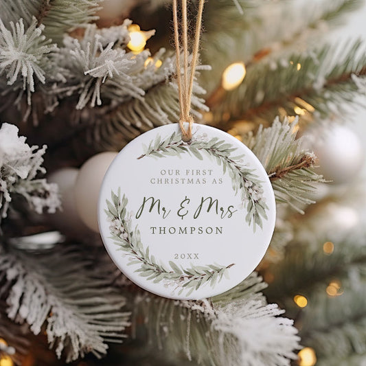 First Christmas Newlyweds Sage Greenery Ceramic Ornament