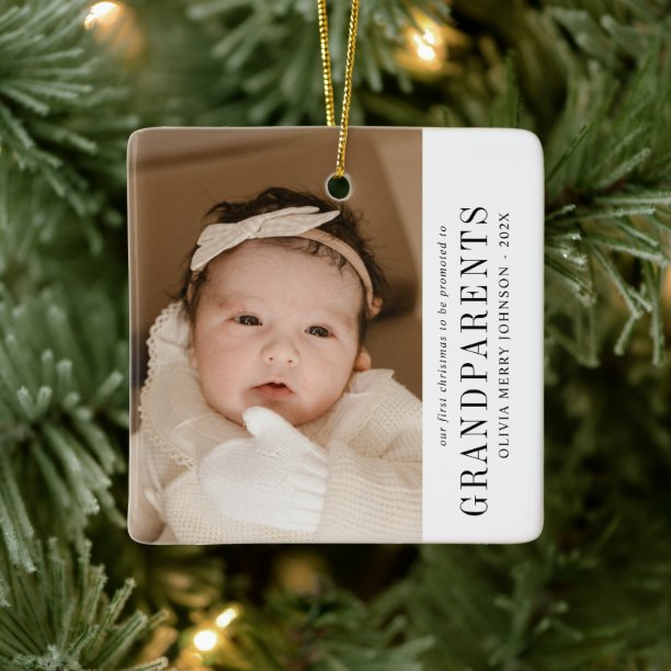 First Christmas Promoted Grandparents 2 Photos Ceramic Ornament