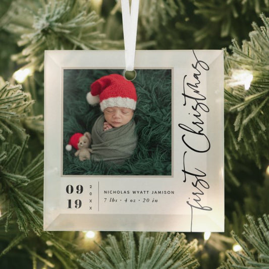 First Christmas Script Baby Birth Stats & Photo Glass Ornament