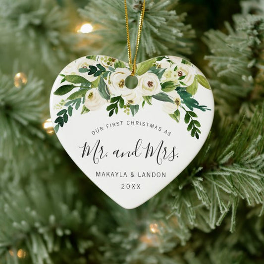 Floral Mr. and Mrs. Photo Our First Christmas Ceramic Ornament