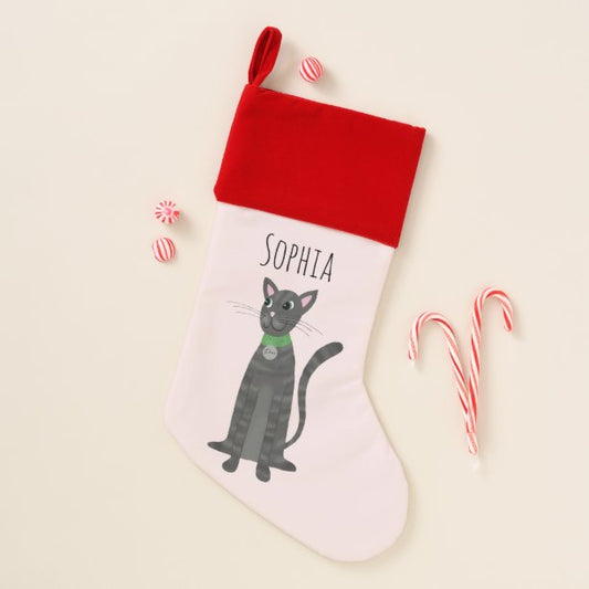 Fun Neutral Cute Gray Tabby Cat Cartoon Name Kids Christmas Stocking