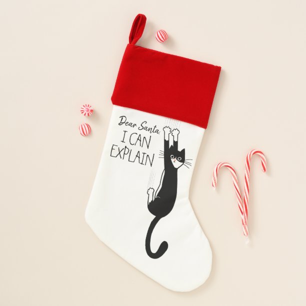Funny Black and White Cat Hanging On - Tuxedo Cat Christmas Stocking