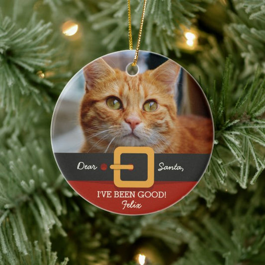 Funny Christmas Santa Cat Photo and Name Custom Ceramic Ornament
