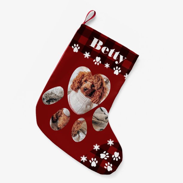 Funny cute red dog paw pet photo Christmas plaid Small Christmas Stocking