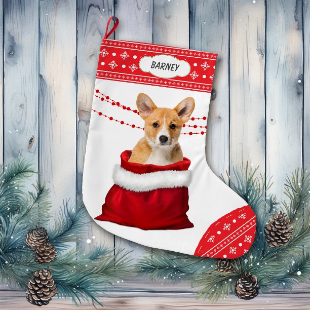 Gift Bag Corgi Puppy Dog Snowflake Border Large Christmas Stocking