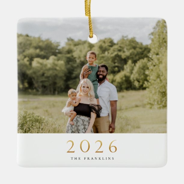 Gold 2026 Single Photo Christmas Ceramic Ornament