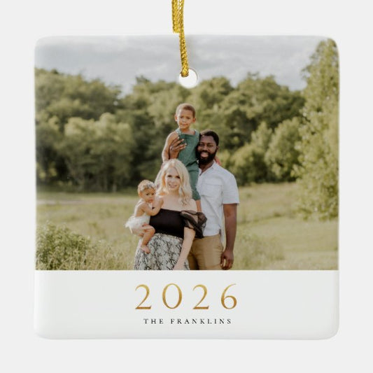 Gold 2026 Single Photo Christmas Ceramic Ornament