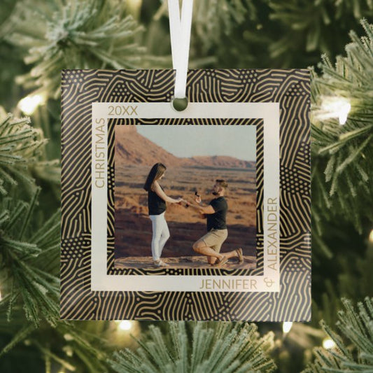 Gold and Black Photo Christmas Glass Ornament