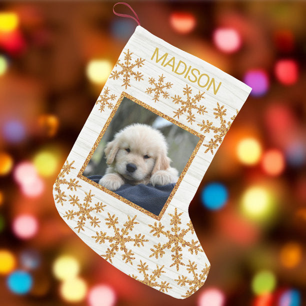 Gold Snowflake Fun Kids Or Pets Photo Small Christmas Stocking