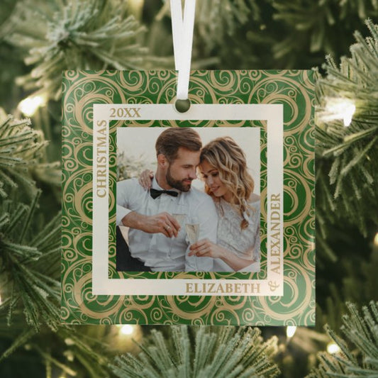 Gold Swirls Photo Green Glass Ornament