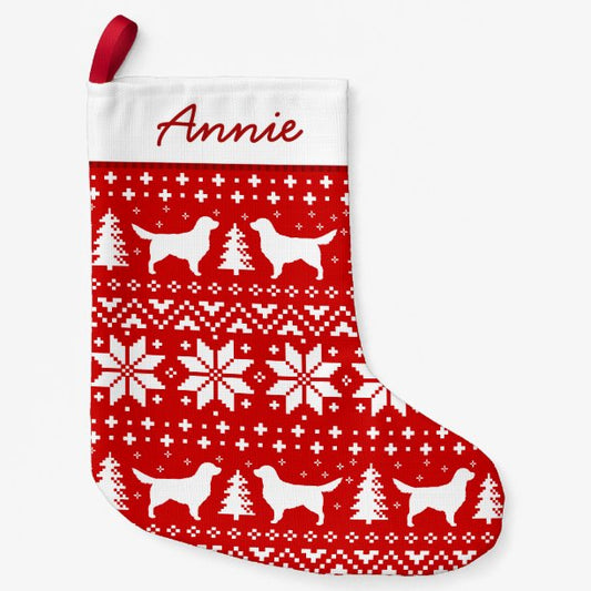 Golden Retriever Silhouettes Pattern Red and White Small Christmas Stocking