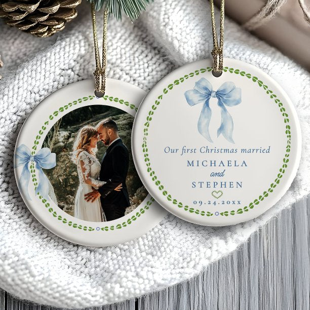 Grandmillennial Bows First Christmas Married Photo Ceramic Ornament