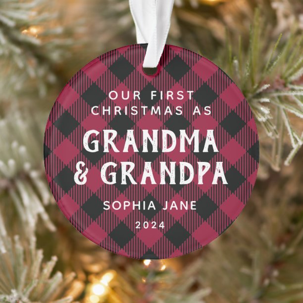 Grandparents First Christmas Rustic Plaid Photo Ornament