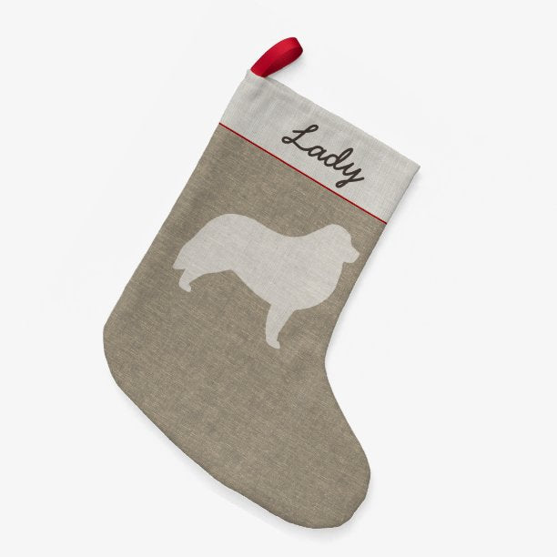 Great Pyrenees Dog Silhouette Faux Linen Style Pyr Small Christmas Stocking